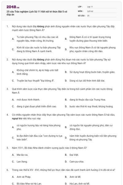 25 câu Trắc nghiệm Lịch Sử 11 Kết nối tri thức Bài 5 có đáp án