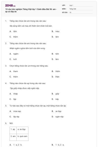 10 câu trắc nghiệm Tiếng Việt lớp 1 Cánh diều Bài 36: am - ap có đáp án