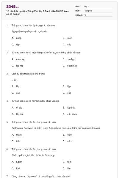 10 câu trắc nghiệm Tiếng Việt lớp 1 Cánh diều Bài 37: ăm - ăp có đáp án