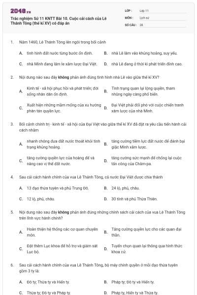 Trắc nghiệm Sử 11 KNTT Bài 10. Cuộc cải cách của Lê Thánh Tông (thế kỉ XV) có đáp án