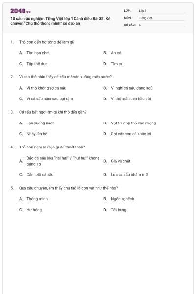 10 câu trắc nghiệm Tiếng Việt lớp 1 Cánh diều Bài 38: Kể chuyện “Chú thỏ thông minh” có đáp án