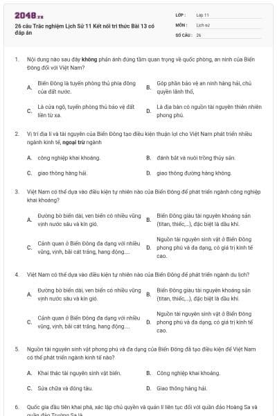 26 câu Trắc nghiệm Lịch Sử 11 Kết nối tri thức Bài 13 có đáp án