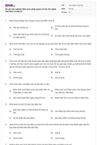 20 câu trắc nghiệm Nhà nước pháp quyền xã hội chủ nghĩa Việt Nam có đáp án