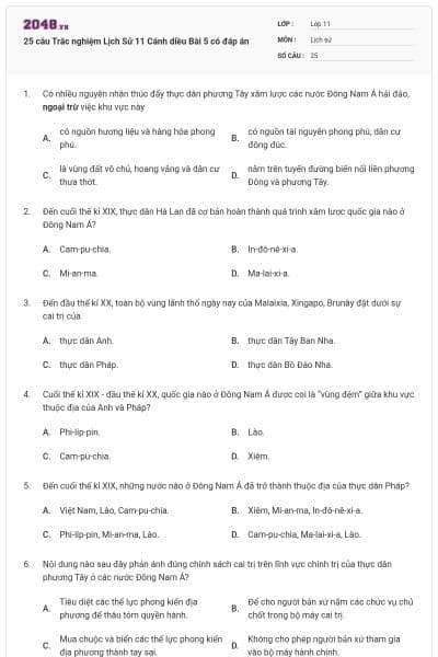 25 câu Trắc nghiệm Lịch Sử 11 Cánh diều Bài 5 có đáp án