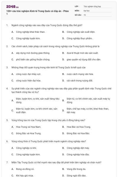 100+ câu trắc nghiệm Kinh tế Trung Quốc có đáp án - Phần 1