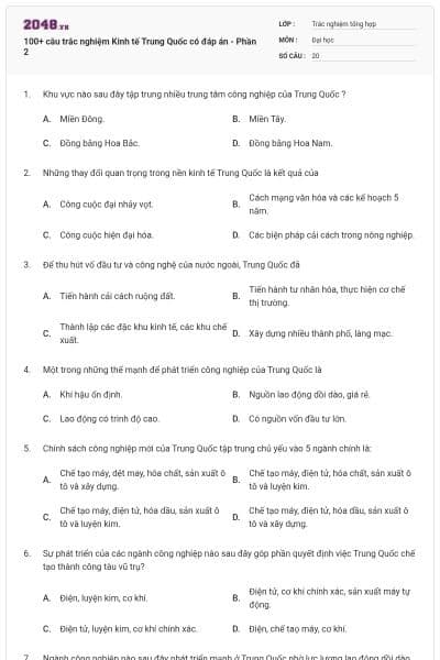 100+ câu trắc nghiệm Kinh tế Trung Quốc có đáp án - Phần 2