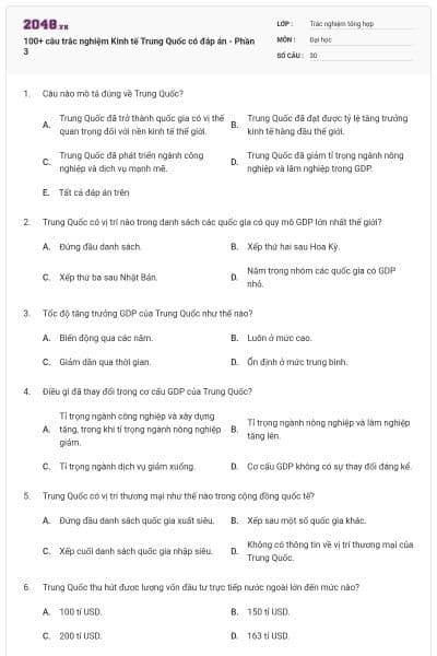 100+ câu trắc nghiệm Kinh tế Trung Quốc có đáp án - Phần 3