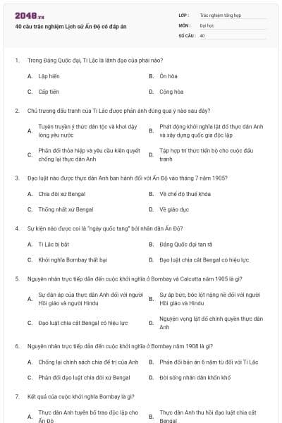 40 câu trắc nghiệm Lịch sử Ấn Độ có đáp án