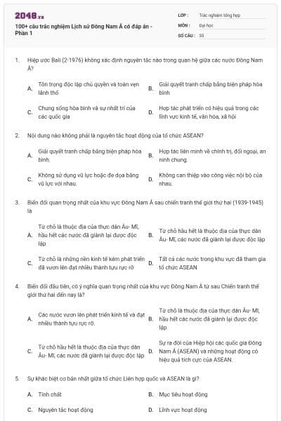 100+ câu trắc nghiệm Lịch sử Đông Nam Á có đáp án - Phần 1