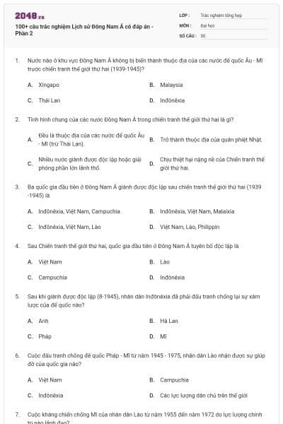 100+ câu trắc nghiệm Lịch sử Đông Nam Á có đáp án - Phần 2