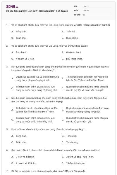 20 câu Trắc nghiệm Lịch Sử 11 Cánh diều Bài 11 có đáp án