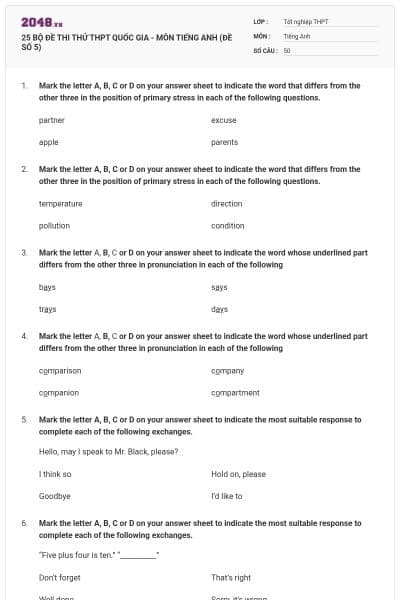 25 BỘ ĐỀ THI THỬ THPT QUỐC GIA - MÔN TIẾNG ANH (ĐỀ SỐ 5)