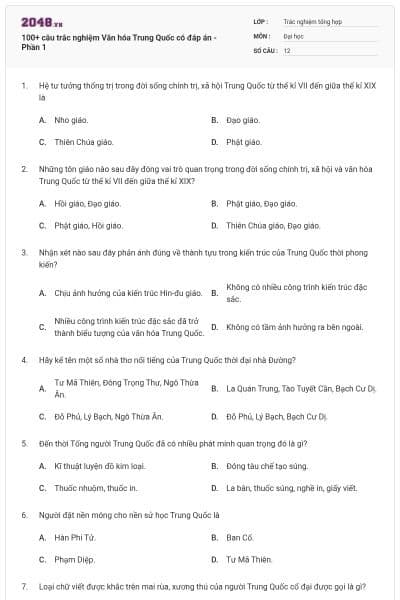 100+ câu trắc nghiệm Văn hóa Trung Quốc có đáp án - Phần 1
