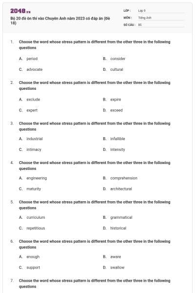 Bộ 20 đề ôn thi vào Chuyên Anh năm 2023 có đáp án (Đề 18)