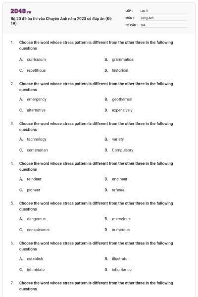 Bộ 20 đề ôn thi vào Chuyên Anh năm 2023 có đáp án (Đề 19)