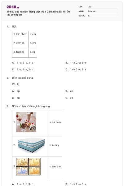 10 câu trắc nghiệm Tiếng Việt lớp 1 Cánh diều Bài 45: Ôn tập có đáp án
