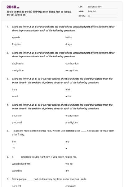 30 đề thi thử đề thi thử THPTQG môn Tiếng Anh có lời giải chi tiết (Đề số 15)