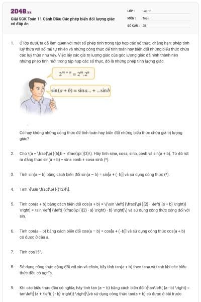 Giải SGK Toán 11 Cánh Diều Các phép biến đổi lượng giác có đáp án