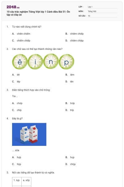 10 câu trắc nghiệm Tiếng Việt lớp 1 Cánh diều Bài 51: Ôn tập có đáp án