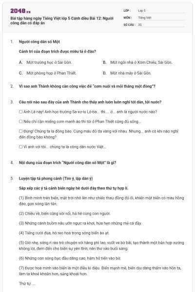 Bài tập hàng ngày Tiếng Việt lớp 5 Cánh diều Bài 12: Người công dân có đáp án