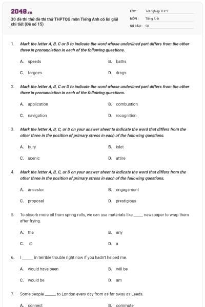 30 đề thi thử đề thi thử THPTQG môn Tiếng Anh có lời giải chi tiết (Đề số 15)