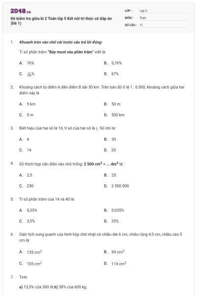 Đề kiểm tra giữa kì 2 Toán lớp 5 Kết nối tri thức có đáp án (Đề 1)