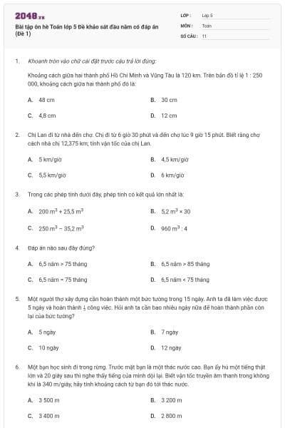 Bài tập ôn hè Toán lớp 5 Đề khảo sát đầu năm có đáp án (Đề 1)