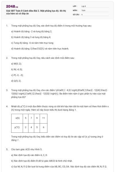 Giải SBT Toán 8 Cánh diều Bài 2. Mặt phẳng tọa độ. Đồ thị của hàm số có đáp án
