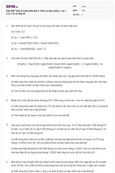 Giải SBT Toán 8 Cánh diều Bài 3. Hàm số bậc nhất y = ax + b (a ≠ 0) có đáp án