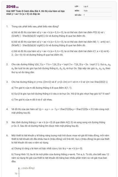 Giải SBT Toán 8 Cánh diều Bài 4. Đồ thị của hàm số bậc nhất y = ax + b (a ≠ 0) có đáp án