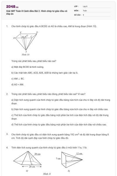 Giải SBT Toán 8 Cánh diều Bài 2. Hình chóp tứ giác đều có đáp án
