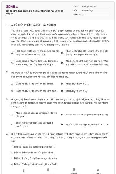 Đề thi Sinh học ĐGNL Đại học Sư phạm Hà Nội 2025 có đáp án