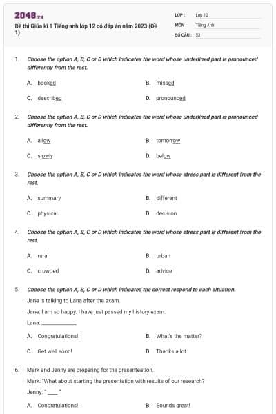 Đề thi Giữa kì 1 Tiếng anh lớp 12 có đáp án năm 2023 (Đề 1)