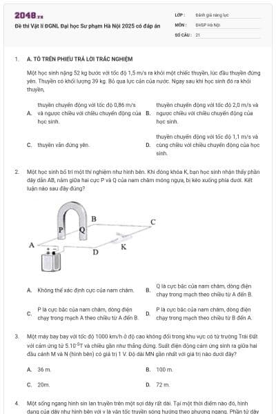 Đề thi Vật lí ĐGNL Đại học Sư phạm Hà Nội 2025 có đáp án