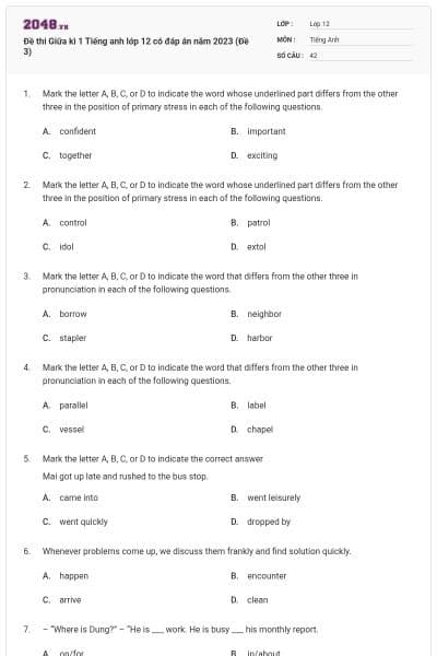 Đề thi Giữa kì 1 Tiếng anh lớp 12 có đáp án năm 2023 (Đề 3)