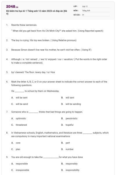 Đề kiểm tra học kì 1 Tiếng anh 12 năm 2023 có đáp án (Đề 4)