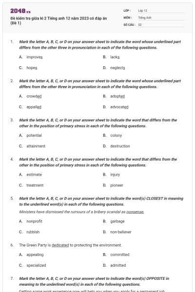 Đề kiểm tra giữa kì 2 Tiếng anh 12 năm 2023 có đáp án (Đề 1)