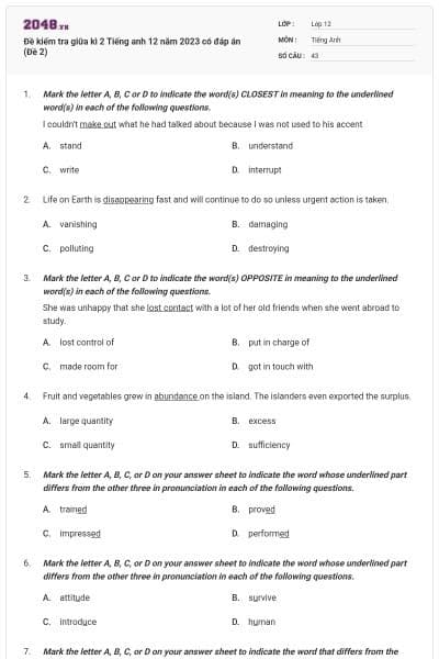 Đề kiểm tra giữa kì 2 Tiếng anh 12 năm 2023 có đáp án (Đề 2)