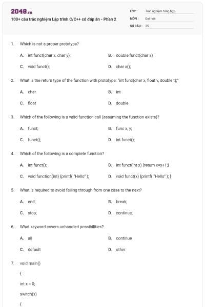 100+ câu trắc nghiệm Lập trình C/C++ có đáp án - Phần 2