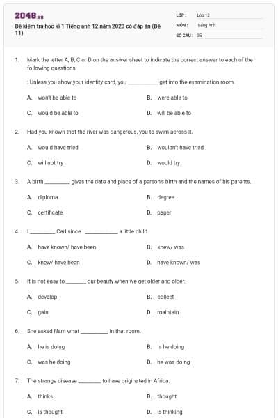 Đề kiểm tra học kì 1 Tiếng anh 12 năm 2023 có đáp án (Đề 11)