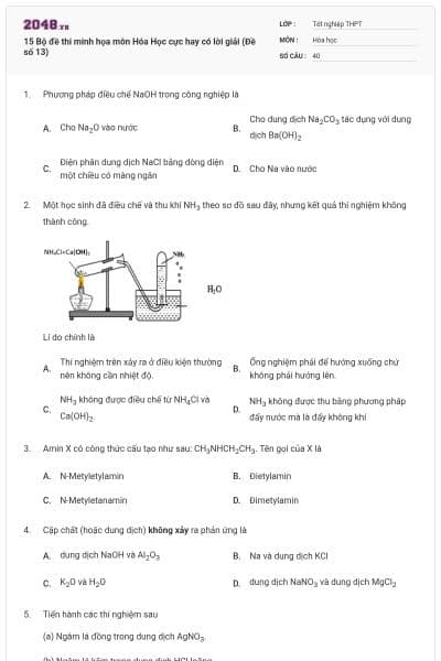 15 Bộ đề thi minh họa môn Hóa Học cực hay có lời giải (Đề số 13)