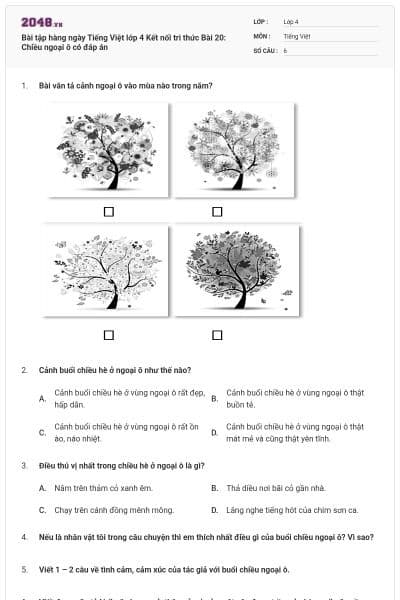Bài tập hàng ngày Tiếng Việt lớp 4 Kết nối tri thức Bài 20: Chiều ngoại ô có đáp án