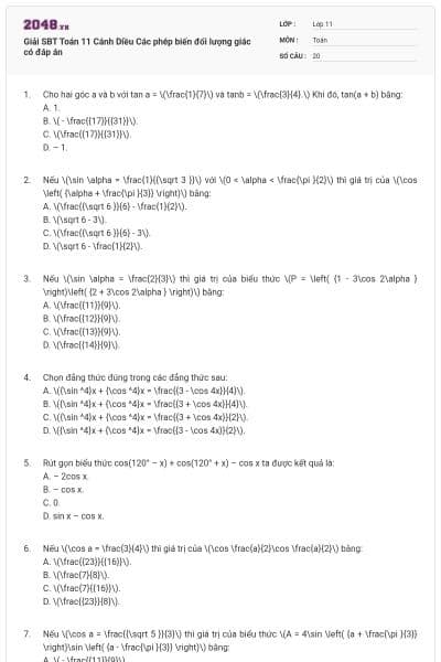 Giải SBT Toán 11 Cánh Diều Các phép biến đổi lượng giác có đáp án