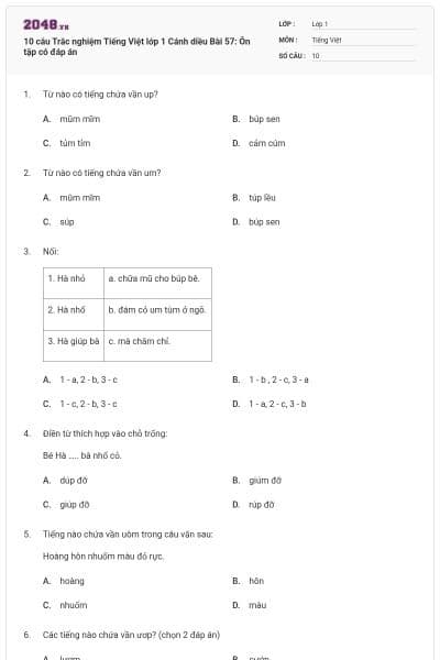 10 câu Trắc nghiệm Tiếng Việt lớp 1 Cánh diều Bài 57: Ôn tập có đáp án
