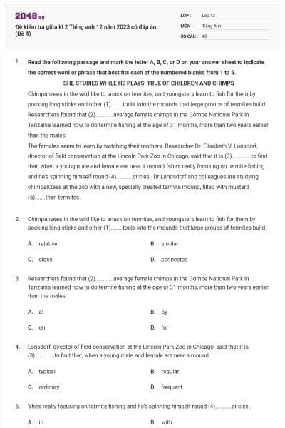 Đề kiểm tra giữa kì 2 Tiếng anh 12 năm 2023 có đáp án (Đề 4)