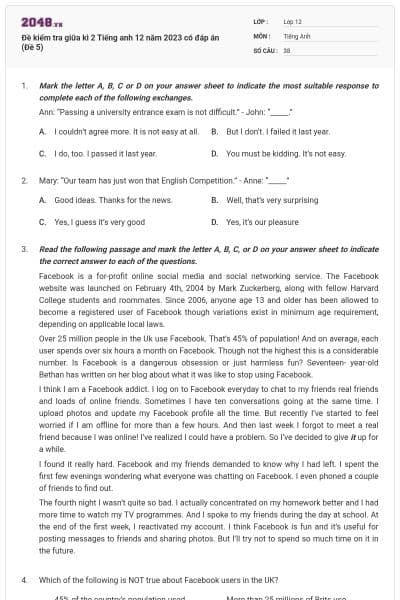 Đề kiểm tra giữa kì 2 Tiếng anh 12 năm 2023 có đáp án (Đề 5)
