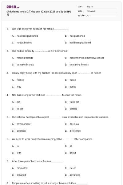 Đề kiểm tra học kì 2 Tiếng anh 12 năm 2023 có đáp án (Đề 1)