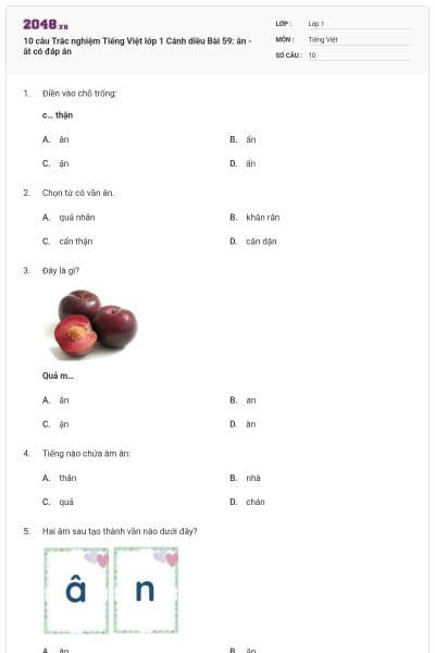 10 câu Trắc nghiệm Tiếng Việt lớp 1 Cánh diều Bài 59: ân - ât có đáp án