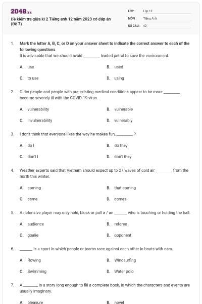 Đề kiểm tra giữa kì 2 Tiếng anh 12 năm 2023 có đáp án (Đề 7)