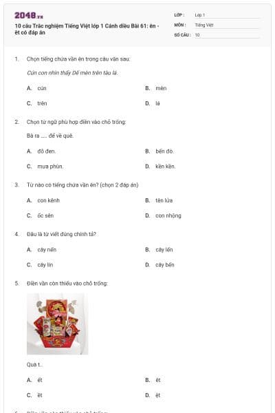 10 câu Trắc nghiệm Tiếng Việt lớp 1 Cánh diều Bài 61: ên - êt có đáp án